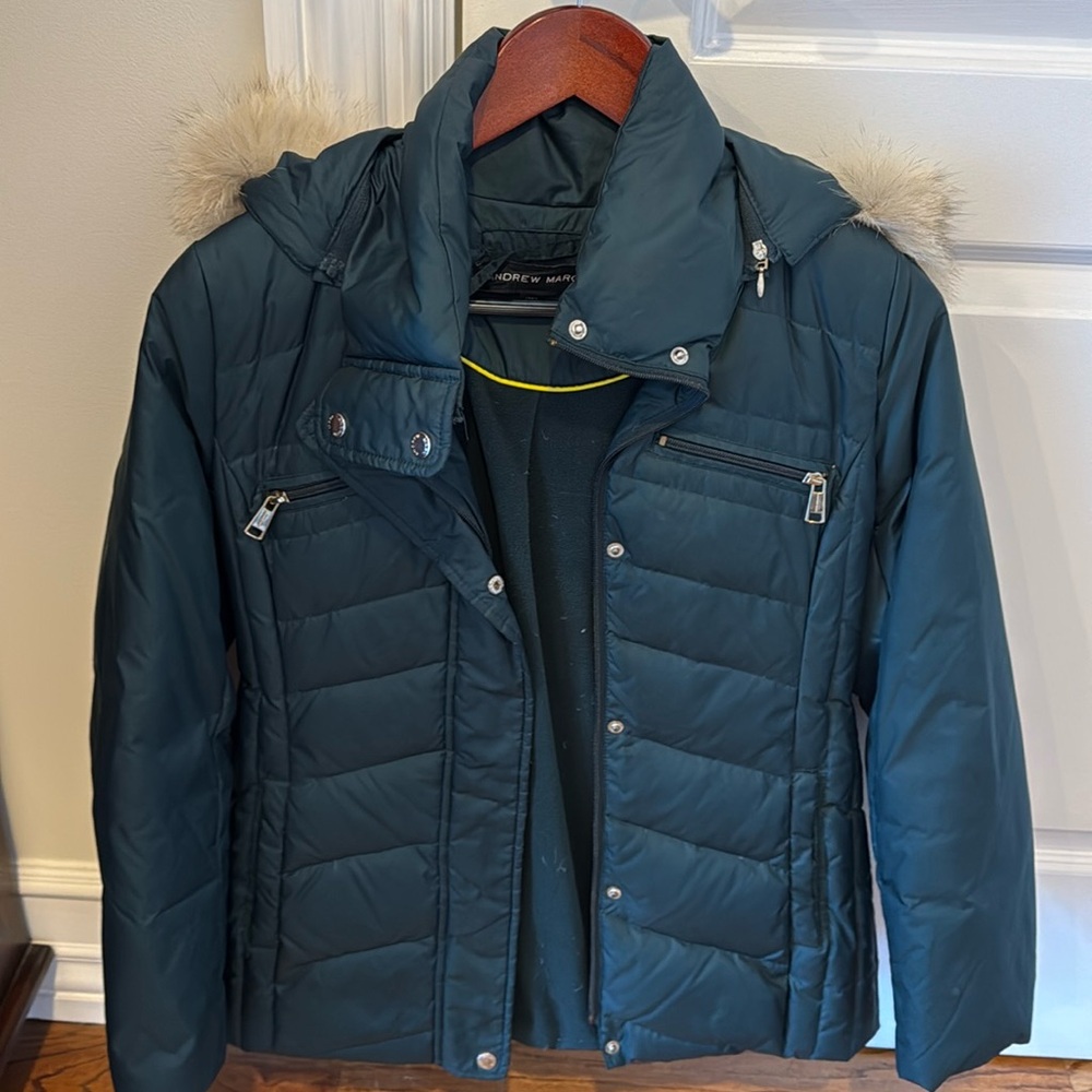 Andrew Marc Girls Dark green puffer Coat Sz XL 16 Real Fur Hood